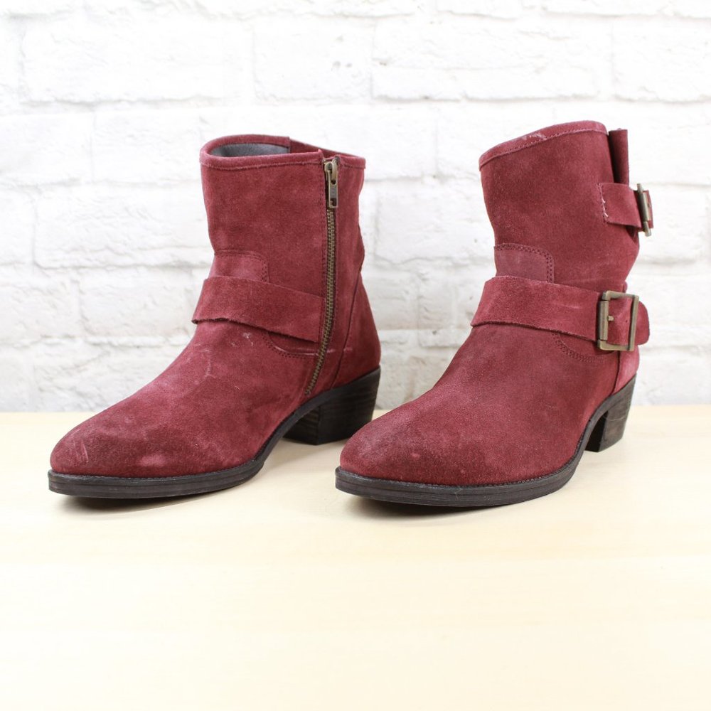 Seychelles Castanets Sand Red Suede Buckle Strap Block Heel Ankle Boots Size 11 - Picture 2 of 9